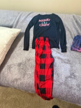 Kids 'Merry Crew' Black Top with Red Buffalo Plaid Pajama Pants